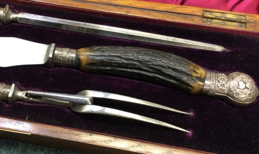 A silver handled three piece silver carving set. Sheffield 1923. By John Batt. Est. £80 - £120. - Image 2 of 2