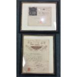 Two old framed and glazed receipts of sale. Est. £