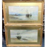 A pair of large framed and glazed watercolours (boats at low tide). Approx. 29 cms x 59 cms. Est. £