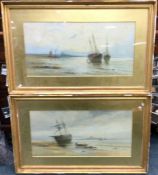 A pair of large framed and glazed watercolours (boats at low tide). Approx. 29 cms x 59 cms. Est. £