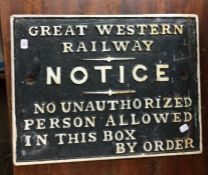 A Great Western Railway cast iron sign. Est. £30 -