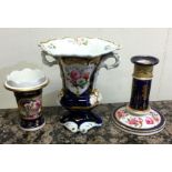 A Coalport blue gilded vase together with a candle