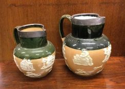 Two good Royal Doulton Lambeth jugs with silver mo