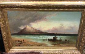 An oil on canvas in gilt frame of boats and figure