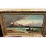 An oil on canvas in gilt frame of boats and figure