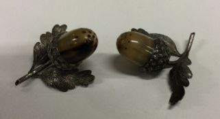 An extremely rare pair of Victorian silver and horn acorn shaped peppers. By Sampson Mordan. Approx.