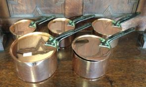 A good set of copper and brass saucepans. Est. £50