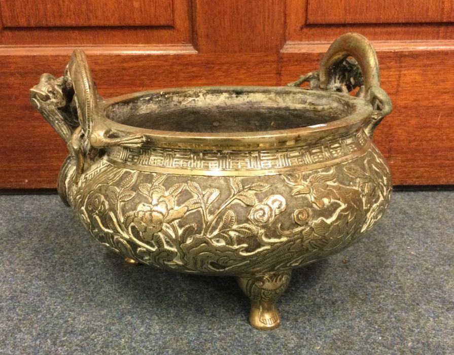 A large heavy brass censer of typical form profuse - Image 2 of 3