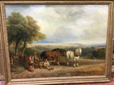 A large Victorian oil on canvas depicting figures and hor