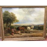 A large Victorian oil on canvas depicting figures and hor