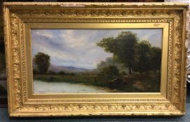 A framed oil on canvas depcting a fishing scene. Approx.