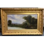 A framed oil on canvas depcting a fishing scene. Approx.