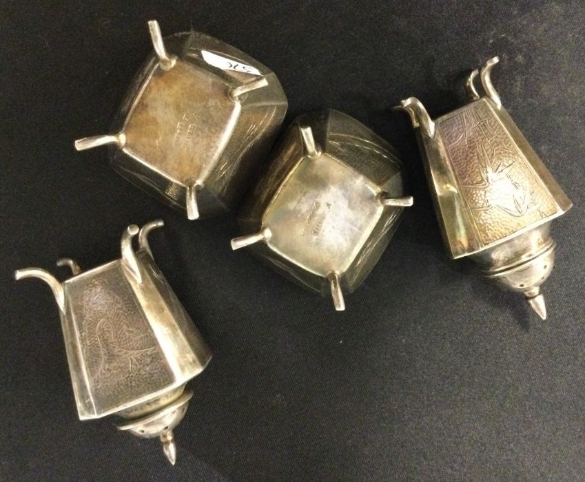 A Chinese five piece hammered silver bamboo design condiment set. Marked WK to base. Circa 1900. - Image 2 of 2
