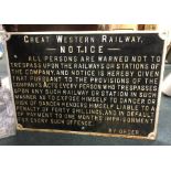 A heavy cast iron Great Western Railway 'Notice' s
