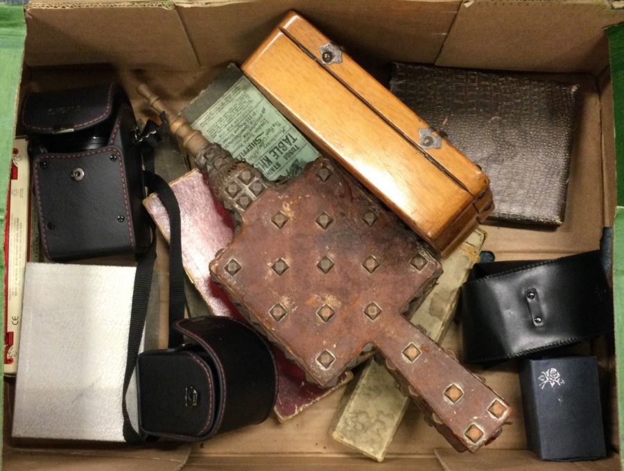 A box containing old bellows, cameras etc. Est. £1