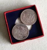Two American silver Dollar coins. Approx. 54 grams