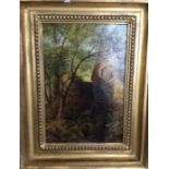 A gilt framed oil on canvas depicting a watermill