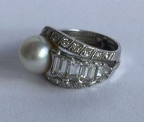 A large Art Deco pearl and diamond cocktail ring w