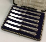 A cased set of six silver handled tea knives. Appr