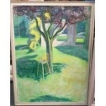 A large oil painting of a garden scene.