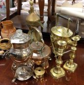 A brass kettle on stand etc.