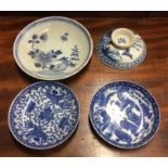 Four Chinese blue and white dishes.