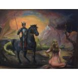 An oversized framed oil on canvas of a Knight and