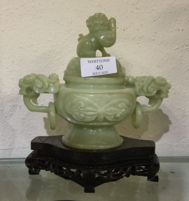 A good Chinese hard stone ewer on stand.