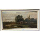 A framed oil on canvas depicting a cottage scene. Approx.