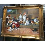 An oversized gilt framed oil on canvas of a group