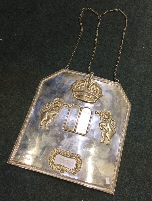 A heavy Judaica silver breast plate with three ins