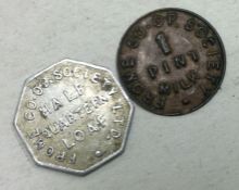 A Frome Coop Society 1 pint milk token and Half Qu