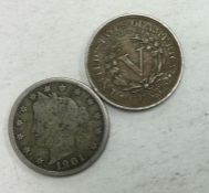 2 x American V cents dated 1901 and 1910.