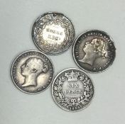4 x Queen Victoria Sixpence pieces; 2 x 1844, 1 x