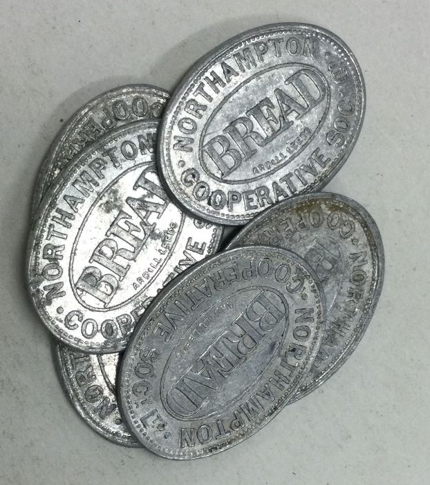 6 x Northampton Coop Bread tokens (alloy).