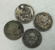 4 x 1 USA Dime dated 1890 (holed); 1906, 1906, and