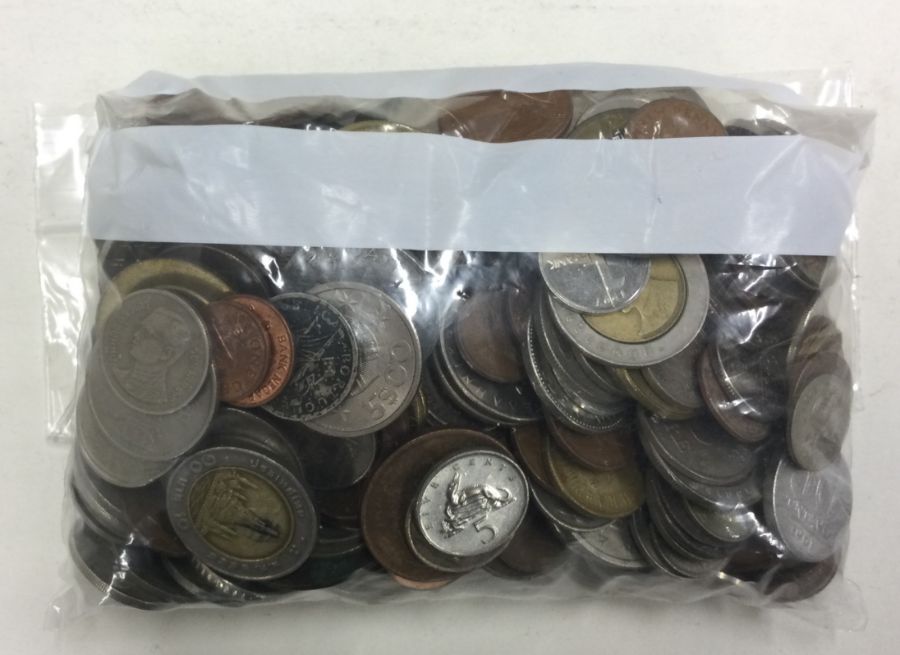 A bag of mixed world coins.
