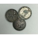 3 x 3 pence silver coins dated 1883, 1891 and 1898