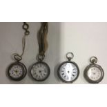 A group of four silver fob watches. Est. £25 - £35