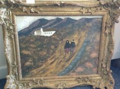 A framed oil painting depicting a mountain scene.