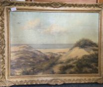 A large oil on canvas depicting sand dunes. Signed