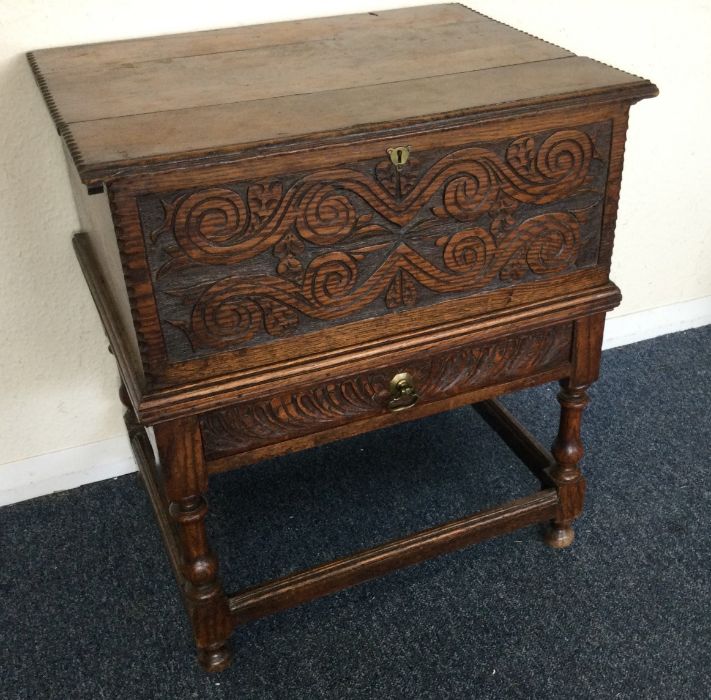 An Antique oak hinged top box on stand. - Image 2 of 2