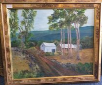 A framed oil painting depicting a cottage and tree