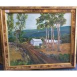 A framed oil painting depicting a cottage and tree