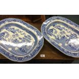 Two large blue and white meat plates.