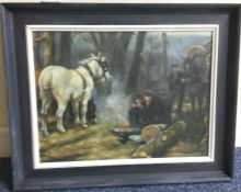 A framed oil painting depicting a woodland scene b