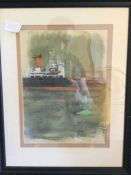 A framed and glazed watercolour depicting a ship a