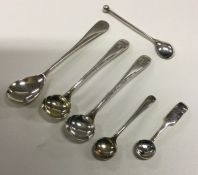 Six various silver salt and mustard spoons. Approx