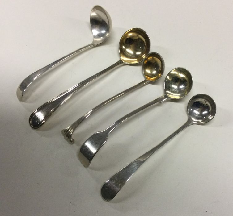 Five long-handled silver salt /condiment spoons. A
