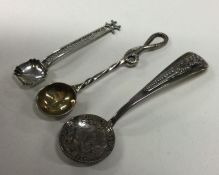 Three various unusual silver salt spoons. Approx.